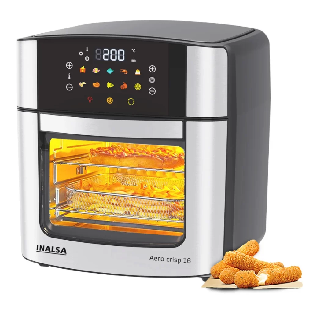 INALSA Aero Crisp 16L air fryer oven with rotisserie and 12-in-1 cooking functions for large family use