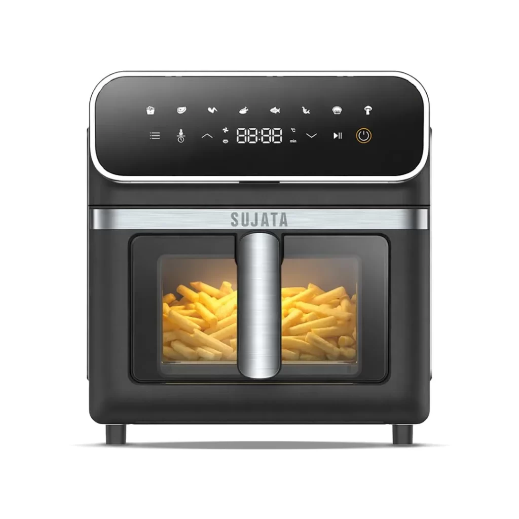 Sujata Fryomatic Plus 6.4L digital air fryer with glass window, 2000W power and preset cooking modes